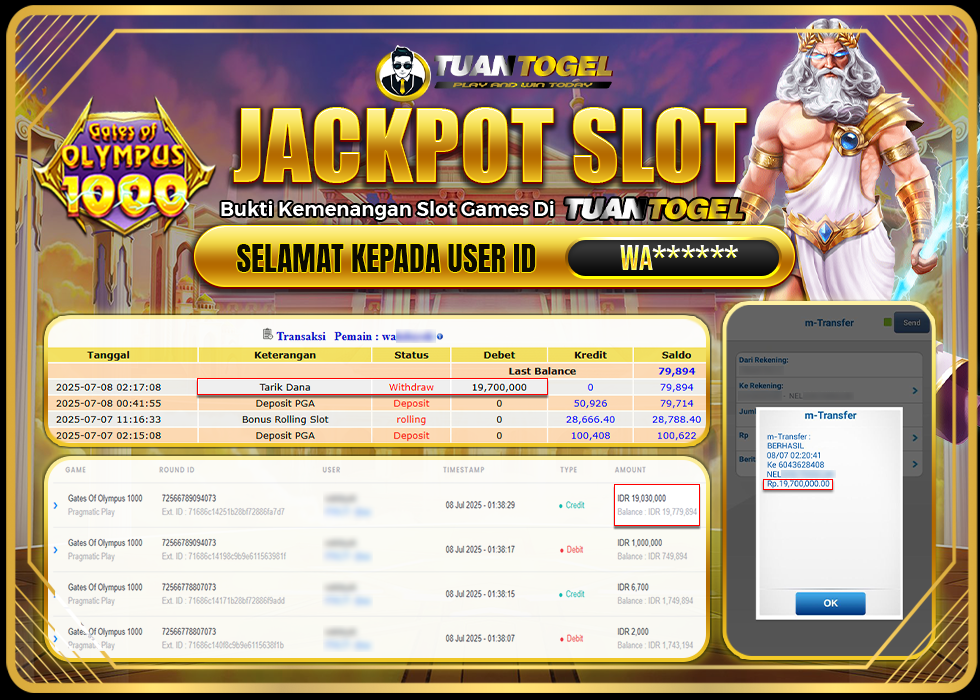 TUANTOGEL JACKPOT SLOT GATES OF OLYMPUS 1000 Rp19.700.000, - LUNAS